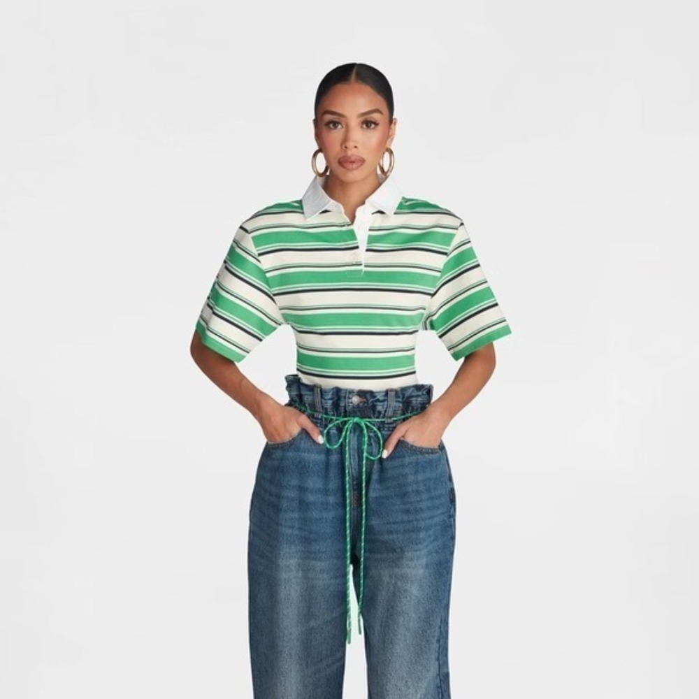 KBB KAHLANA x Target M Medium Short Sleeve The Fitted Rugby Shirt Green Striped